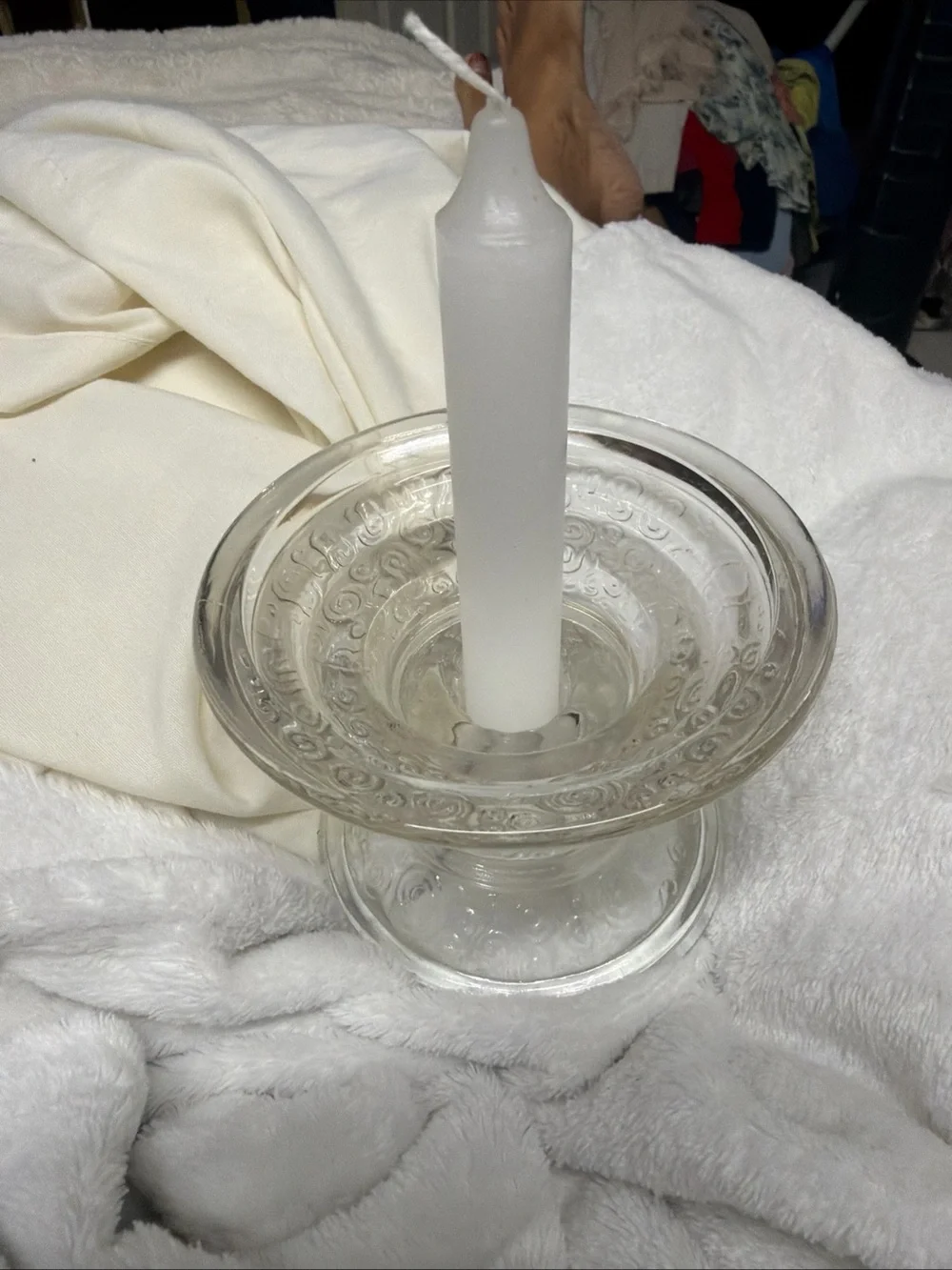 Clear Glass Pillar Candle Holder with White Taper Candle Vtg swirl